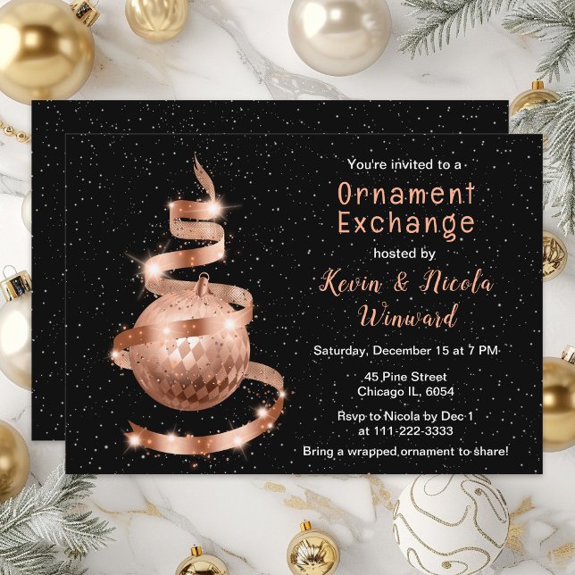 Invitation Échange d'ornement de Noël rose d'or et de noir (Créateur téléchargé)