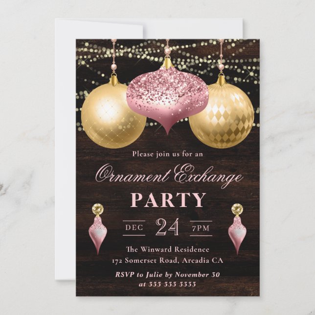 Invitation Échange d'ornement de Noël rose et or clair (Devant)