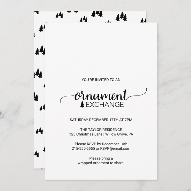 Invitation Échange d'ornements de calligraphie simple noir et (Devant / Derrière)