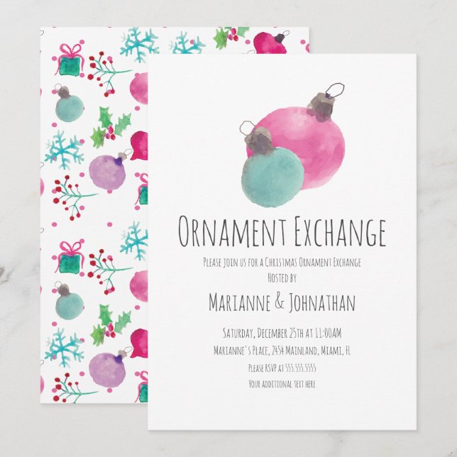 Invitation Échange d'ornements de Noël aquarelle (Devant / Derrière)