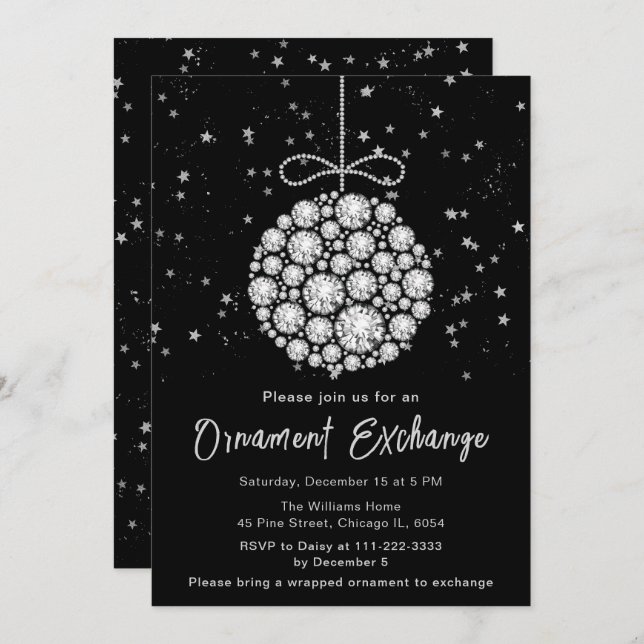 Invitation Échange d'ornements de Noël en argent glam (Devant / Derrière)