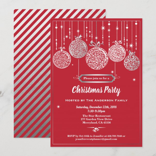 Invitation échange d'ornements de Noël rouge et argent (Devant / Derrière)