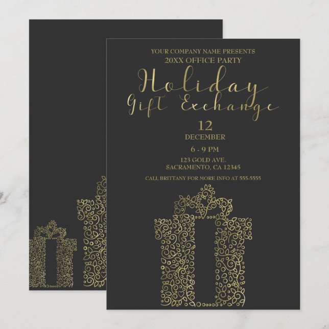 Invitation Échange élégant de cadeau de fête de vacances d'or (Devant / Derrière)