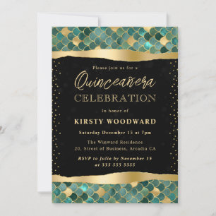 Invitation Échelle de sirène verte et dorée pour Quinceanera
