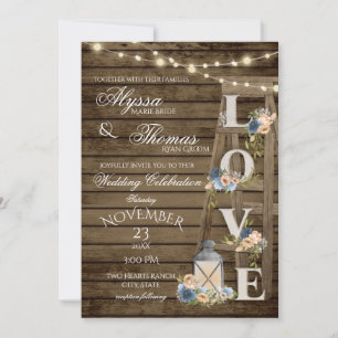 Invitation Échelle rustique et lumières Vintage Blue Love Mar