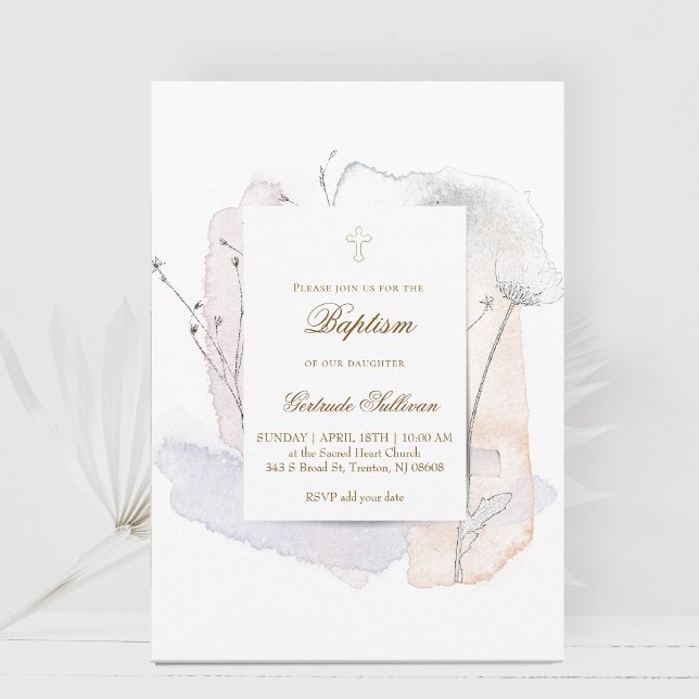 Invitation éclaboussures d'aquarelle et fleurs | Baptême (Créateur téléchargé)