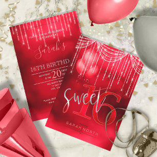 Invitation Éclairage à chaîne et ballons Sweet 16 Red ID473
