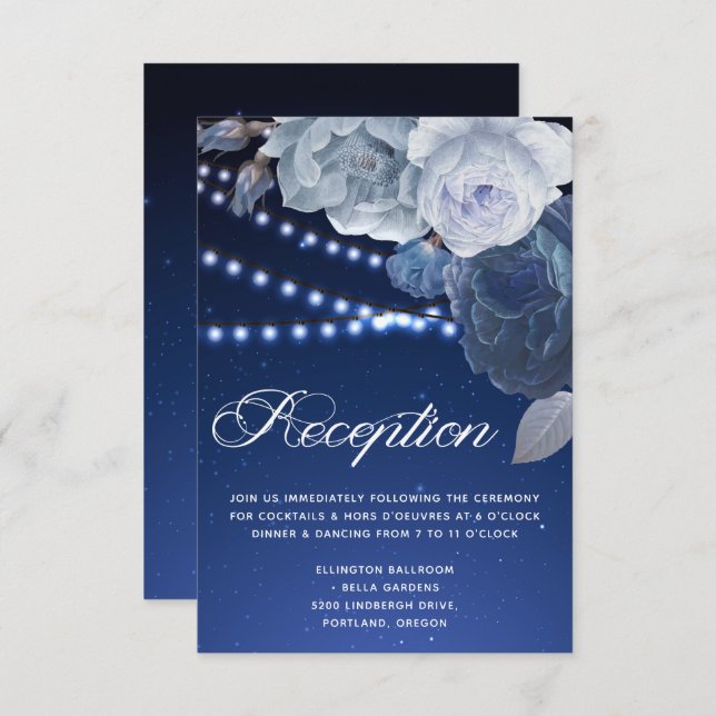 Invitation Eclairage à cordes étoiles Bleu Elégant Mariage Ré (Devant / Derrière)