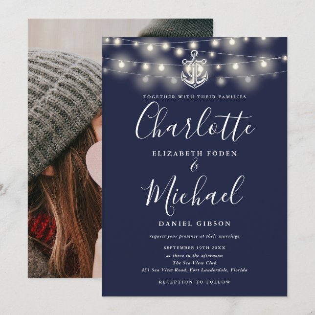 Invitation Éclairage à cordes marines Mariage photo bleu mari (Devant / Derrière)