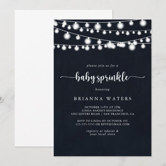 Invitation Éclairage à cordes rustiques Calligraphie Bébé Spr (Devant / Derrière)