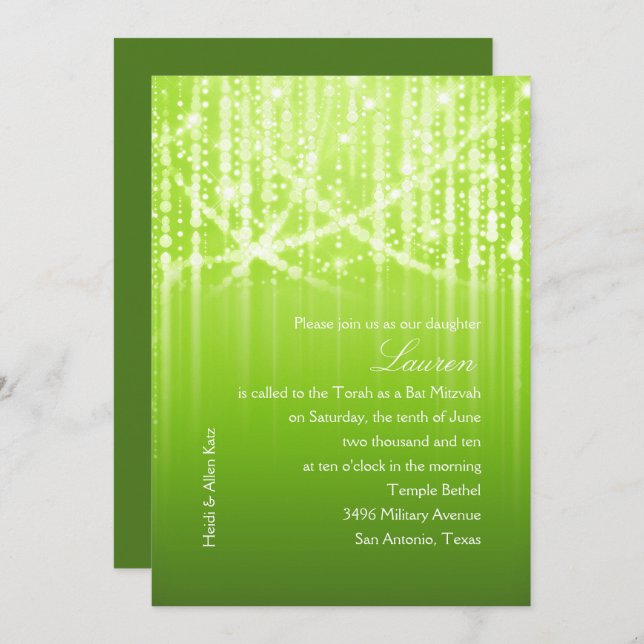 Invitation Éclairage blanc et vert bat mitzvah (Devant / Derrière)