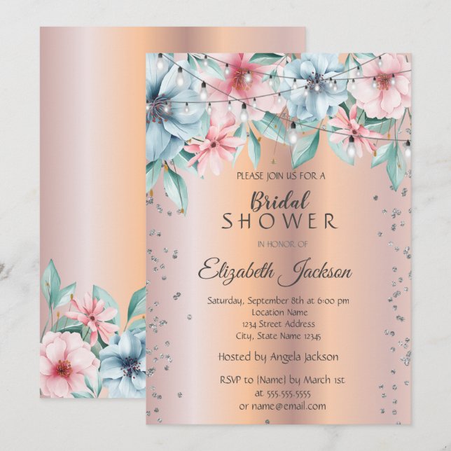 Invitation Éclairage Chic, Diamants Fête des mariées Florale (Devant / Derrière)