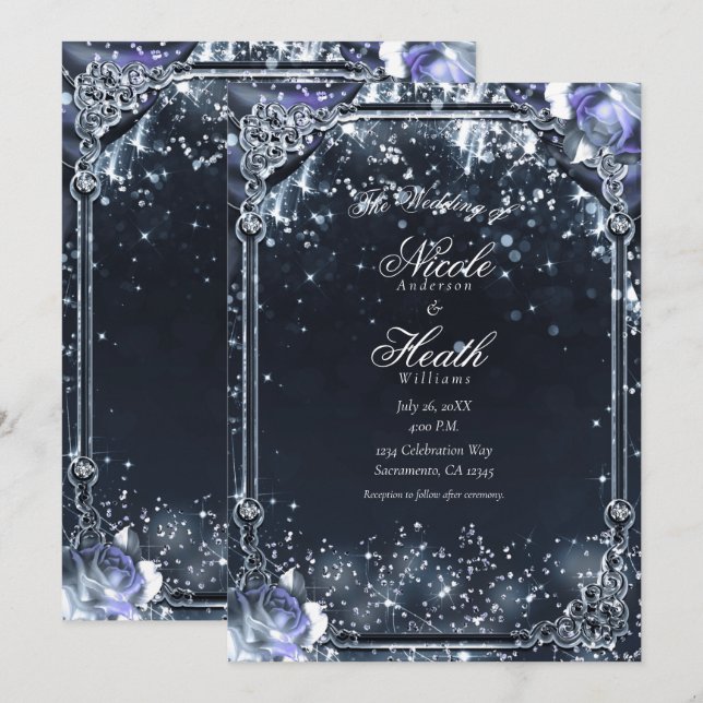 Invitation Éclairage et Mariage Rose en argent violet (Devant / Derrière)