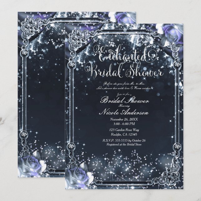 Invitation Éclairage Rose en argent violet Fête des mariées (Devant / Derrière)