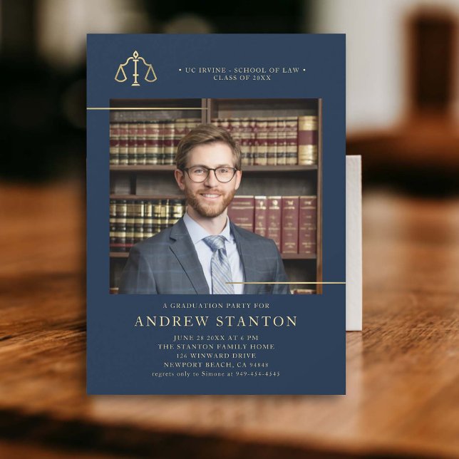 Invitation École de droit - Échelles d'études Photo Marine mo (law school graduation party invitation photo gold scales of justice elegant modern frame navy)
