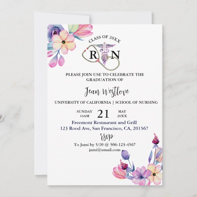 Invitation École de soins infirmiers aquarelle printemps flor (Devant)