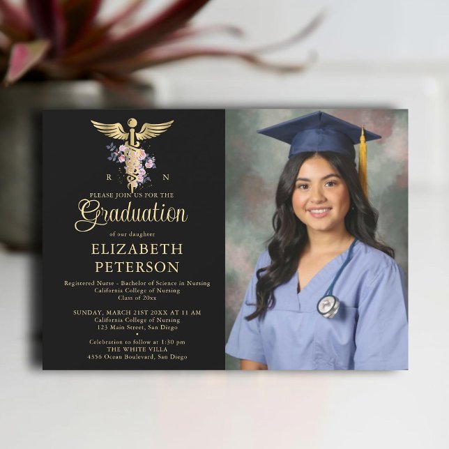 Invitation École de soins infirmiers Caduceum Rose Noir (nursing school graduation gold caduceum roses greenery floral contemporary modern photo nurse black)