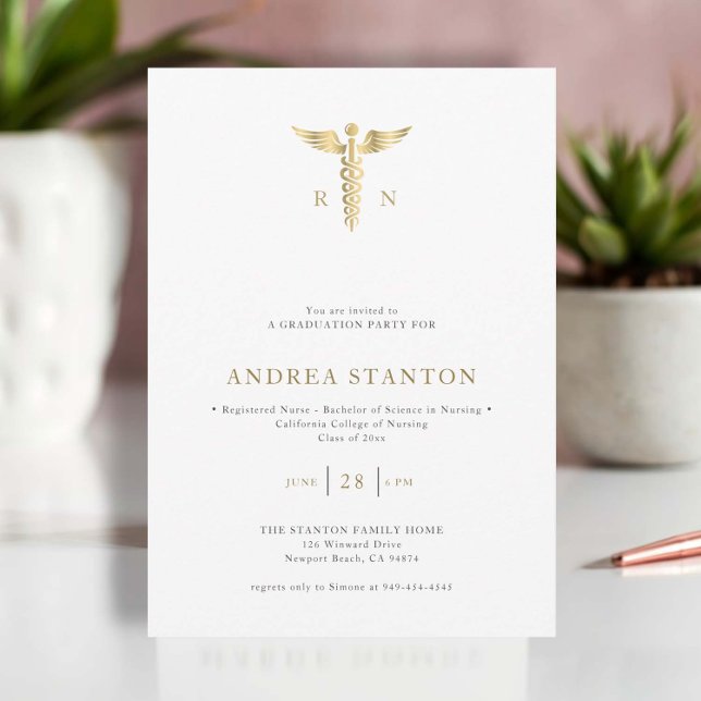 Invitation École des infirmières Diplôme Faux Gold Caduceum M (nursing school graduation gold caduceum elegant minimalist modern white simple classy nurse grad)