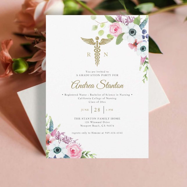 Invitation Ecole d'infirmière diplômé Caduceum Floral Moderne (nursing school graduation gold caduceum floral frame contemporary minimalist modern classy rn)