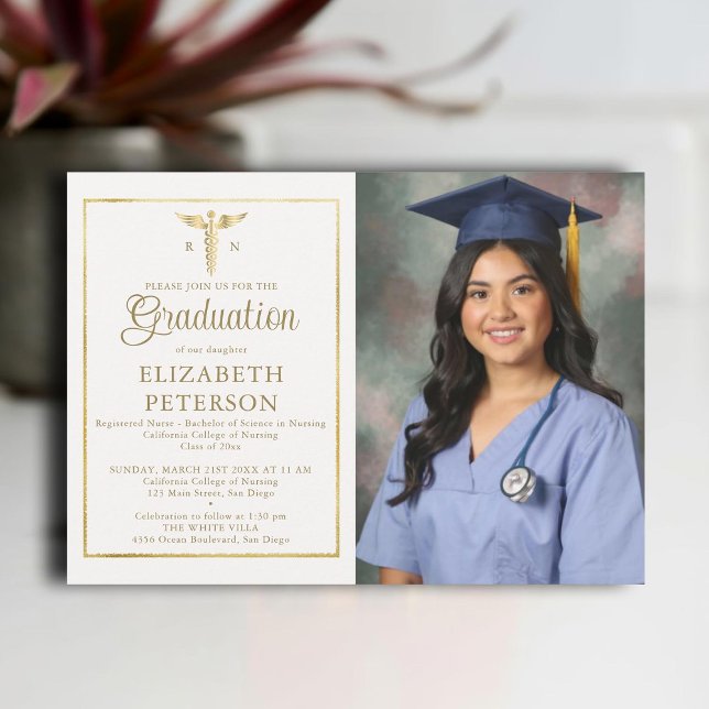 Invitation Ecole d'infirmières Diplôme Caduceum Gold Frame Iv (nursing school graduation gold caduceum frame contemporary modern photo nurse ivory elegant classy)