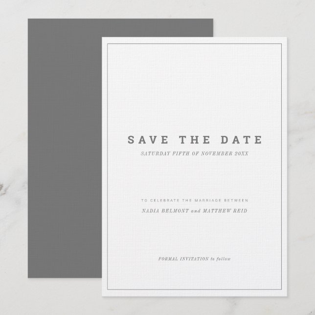 Invitation Économique gris blanc mariage vertical save the da (Devant / Derrière)