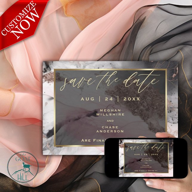 Invitation Économisez la date Abstrait Rose Charcoal Gold (Easy to Personalize )