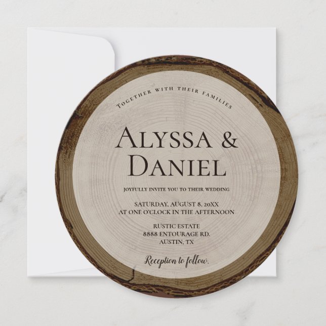 Invitation Écorce en bois Brun profond Mariage rustique rond (Devant)
