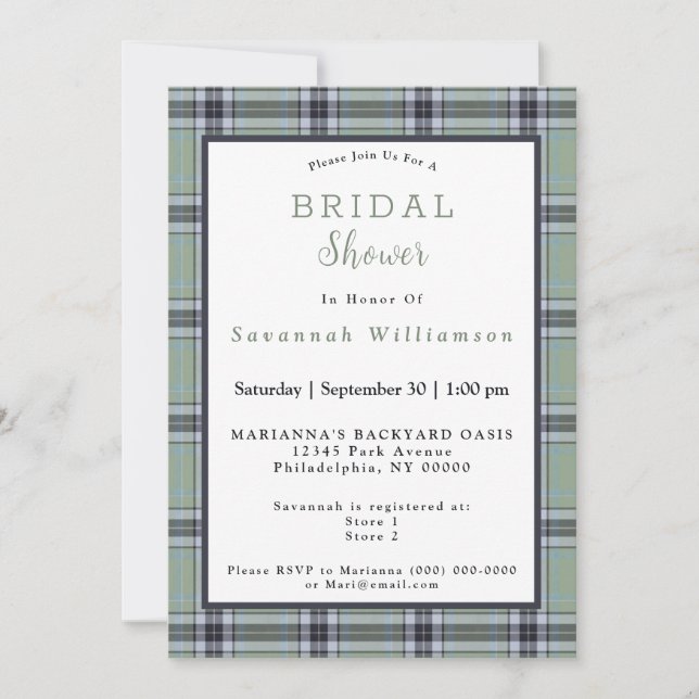 Invitation écossais Green Tartan Watercolor Fête des mariées (Devant)