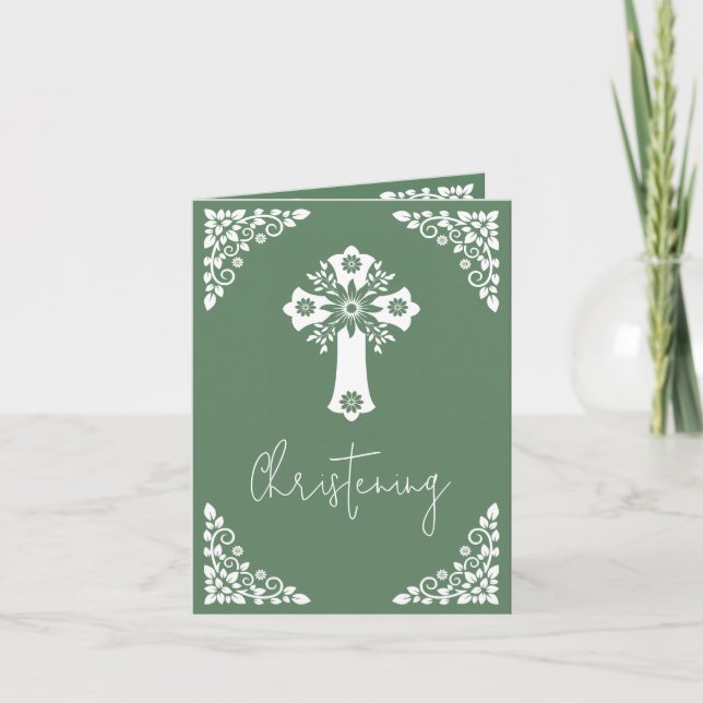 Invitation (écrire) Floral Cross Baptism Fern Gree (Devant)