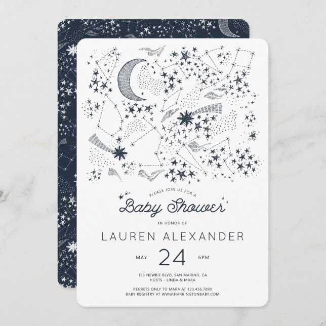 Invitation Écrit dans le Baby shower des étoiles (Devant / Derrière)
