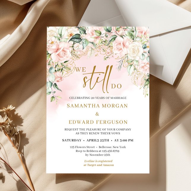 Invitation Écriture artistique moderne roses douces roses ros (Modern artistic script pastel pink roses sage gold we still do invitation )