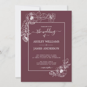 Invitation Écriture Chic Blanc Floral Outline Mariage Bourgog