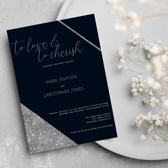 Invitation Écriture classique argent parties scintillant mari (Classic script silver glitter navy blue Wedding)