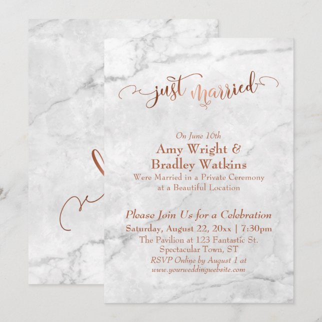 Invitation Écriture "Copper Just Married" sur Marbre Blanc (Devant / Derrière)