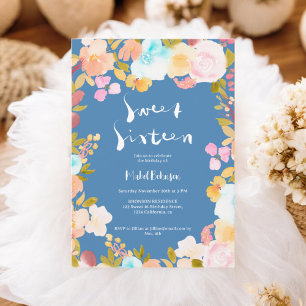 Invitation Écriture d'aquarelle fleurie de chic bleu boho Swe