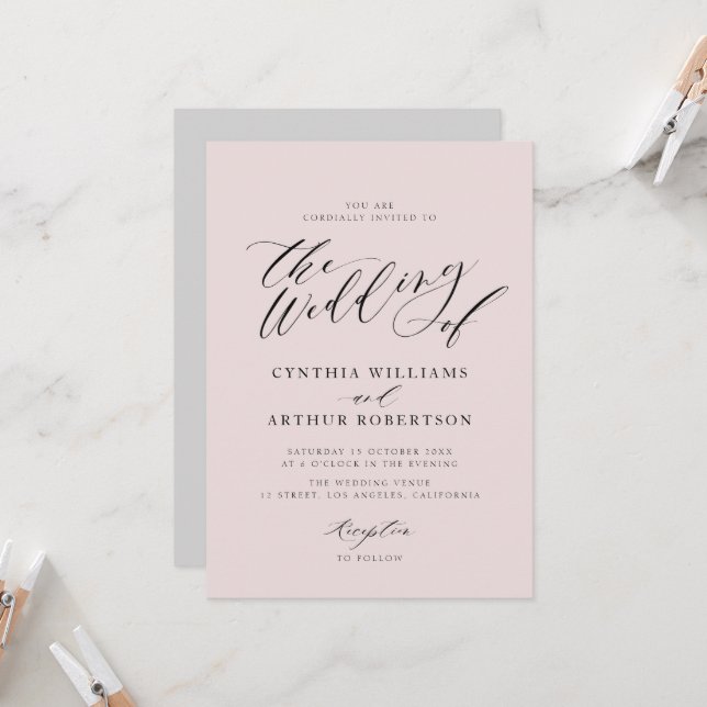 Invitation écriture de script en lettres grises et en faire-p (Devant/Arrière en situation)
