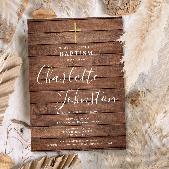 Invitation Écriture de signature en bois rustique baptême (Rustic Wood Signature Script Baptism Christening Invitation)