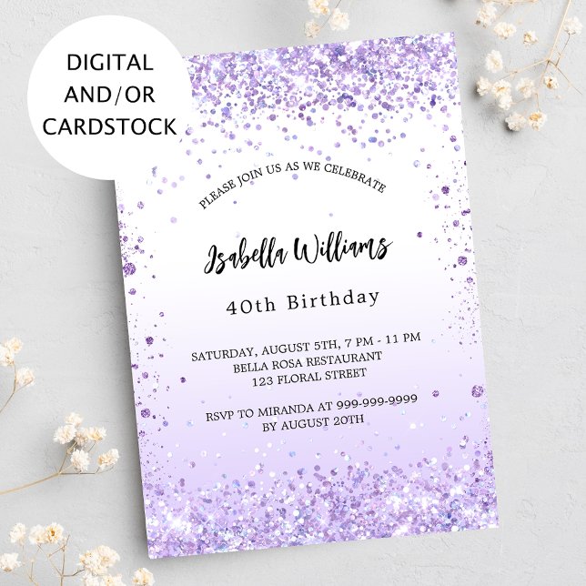 Invitation Écriture de violet lavande confetti (Créateur téléchargé)
