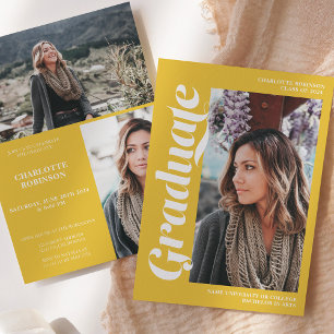 Invitation Écriture diplômée jaune 3 diplôme photo