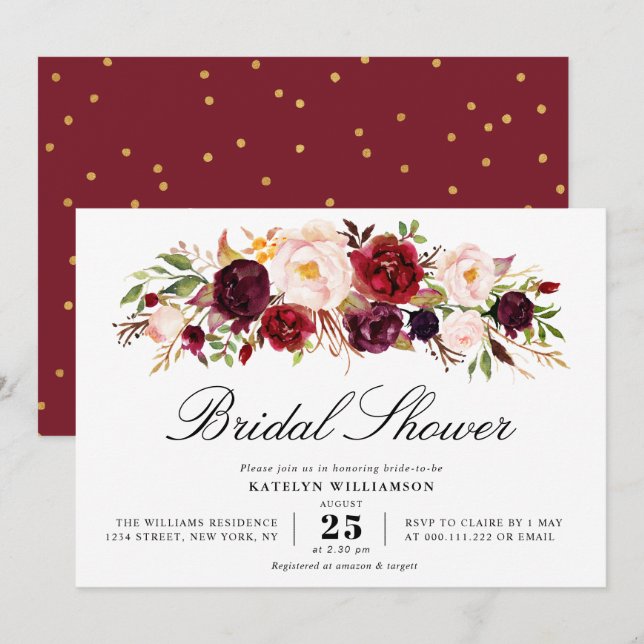 Invitation Écriture d'or burgundy floral brush douche (Devant / Derrière)