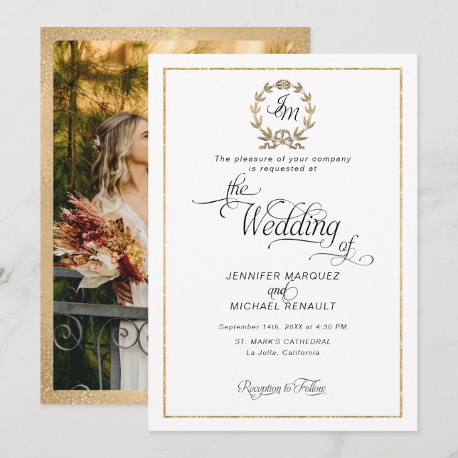 Invitation Écriture Élégante Monogramme Couronne de Laurier e (Devant / Derrière)