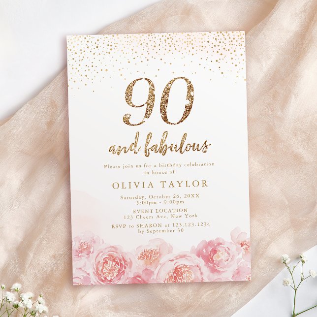 Invitation Écriture élégante or et blush floral pour les 90 a (Elegant script gold & blush floral 90th birthday invitation)