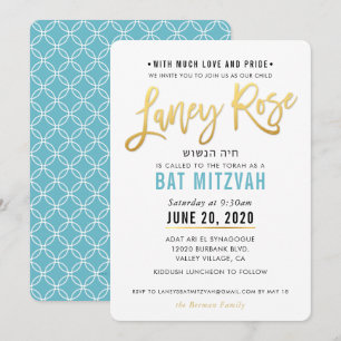 Invitation Écriture en or bleu turquoise BAT MITZVAH LANEY RO