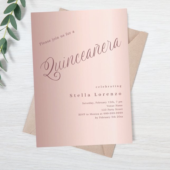 Invitation Écriture en or rose élégant Quinceanera (Créateur téléchargé)