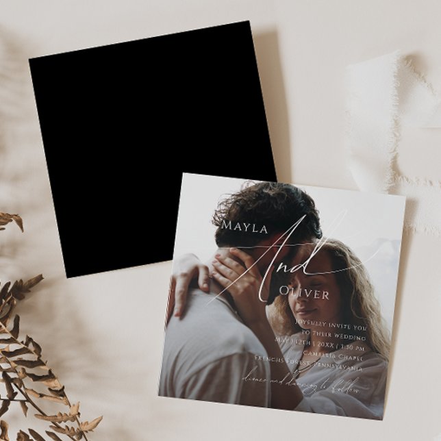 Invitation Écriture fantaisiste | Mariage photo carré noir (Créateur téléchargé)