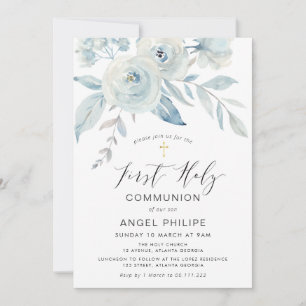 Invitation Écriture fleurs bleues première communion sainte