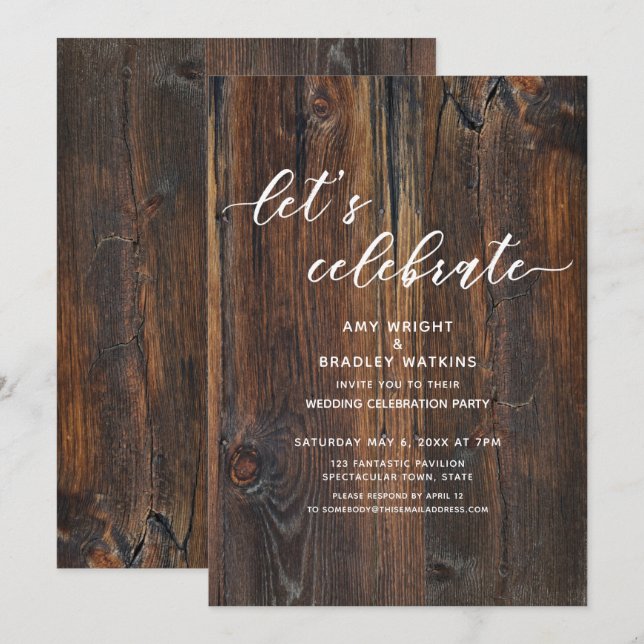 Invitation Écriture manuscrite en bois texturé Fêtons ça (Devant / Derrière)