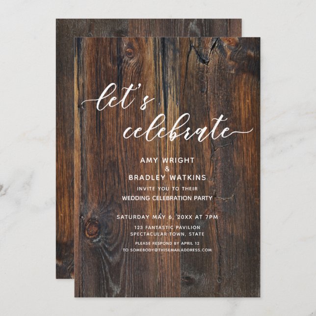 Invitation Écriture manuscrite en bois texturé Script Célébro (Devant / Derrière)