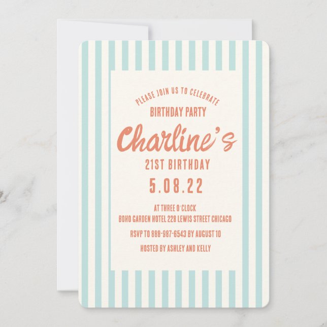 Invitation Écriture manuscrite Pastel Retro 21E Fête Annivers (Devant)