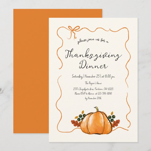 Invitation Écriture manuscrite WhimsCitrouille Thanksgiving D (Devant / Derrière)